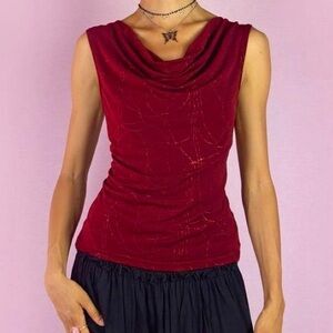 Vintage Y2K red sparkle cowl neck sleeveless top size medium